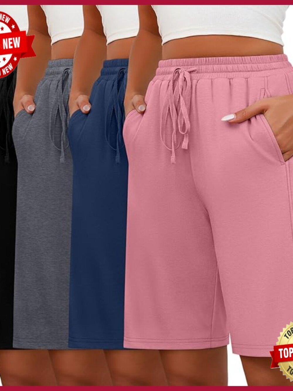 Bermuda Shorts with Pockets Elastic Waist Drawstring Wide Leg Sweat Shorts